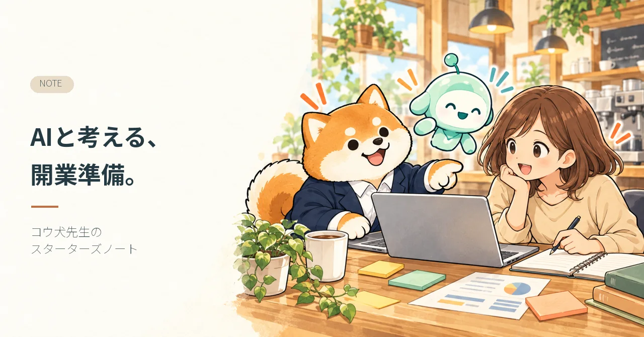 AIと考える、開業準備。 コウ犬先生が記事テーマを案内するイラスト