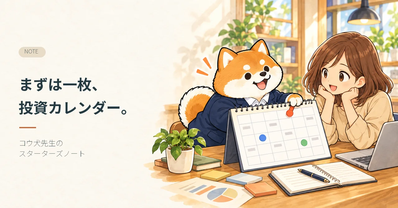 まずは一枚、投資カレンダー。 コウ犬先生が記事テーマを案内するイラスト