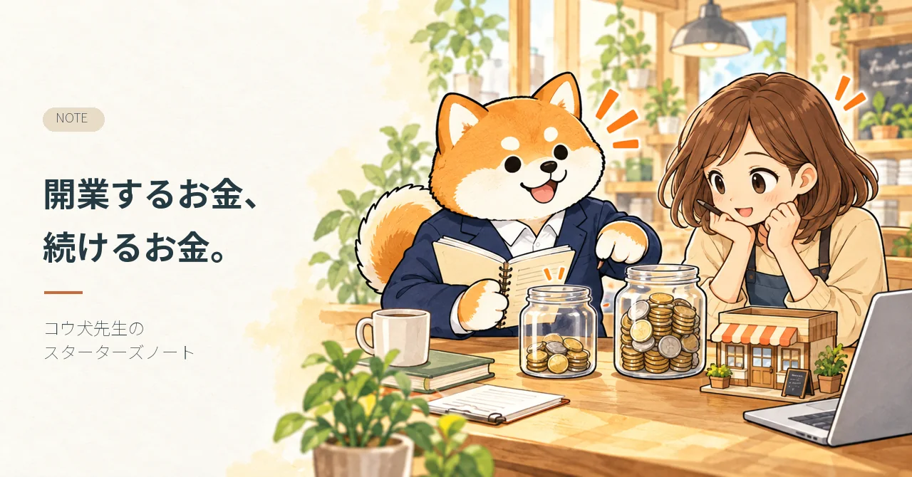開業するお金、続けるお金。 コウ犬先生が記事テーマを案内するイラスト