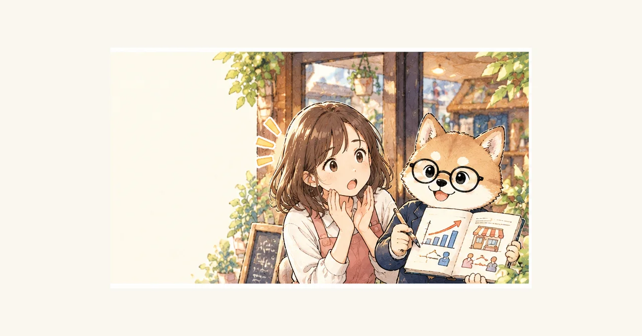 コウ犬先生ともえさんがノートを開き、笑顔で事業計画について話し合う様子(見出し画像)
