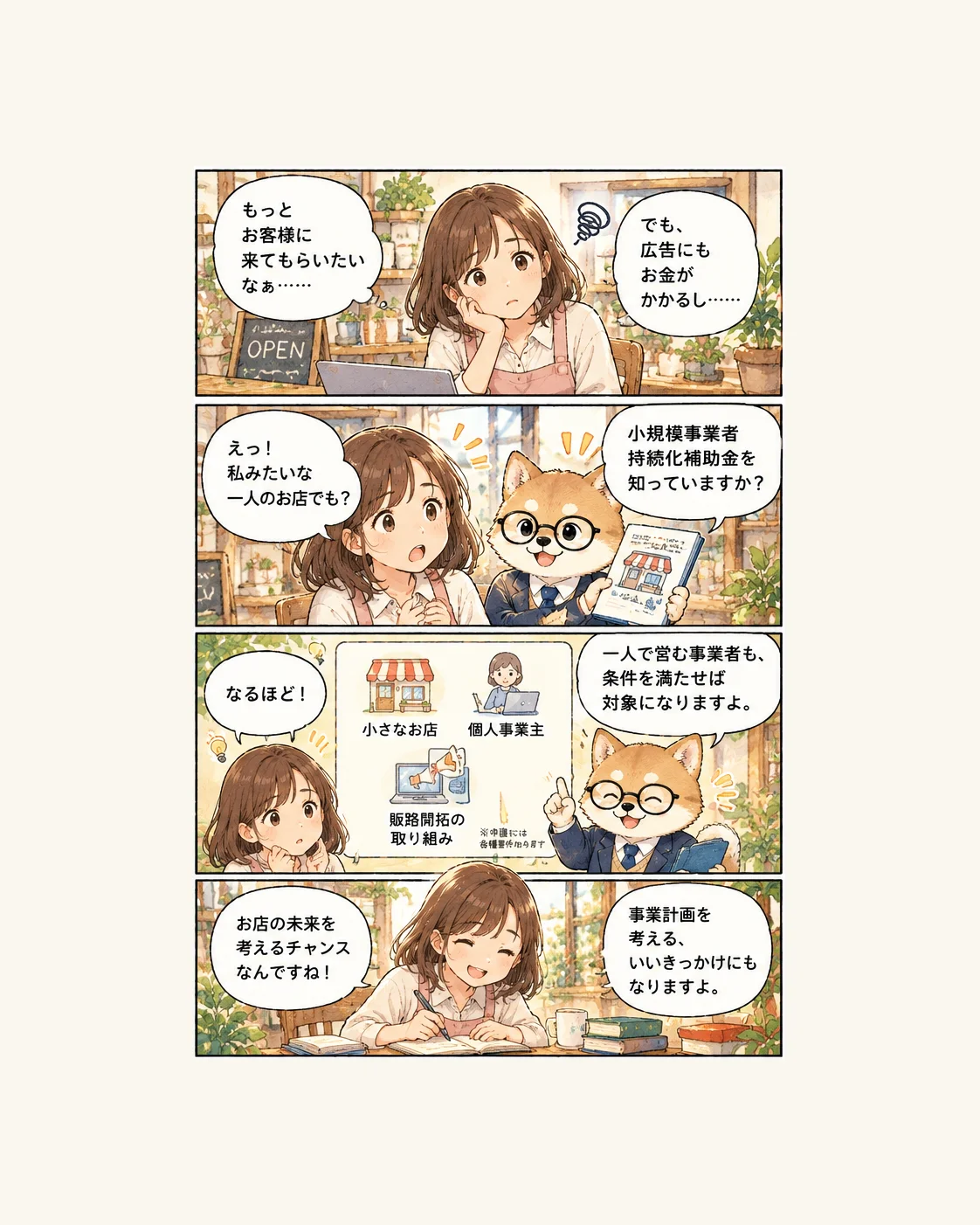 もえさんとコウ犬先生の4コマ漫画。もっとお客様に来てもらいたいけれど広告費に余裕がないもえさんに、コウ犬先生が小規模事業者持続化補助金を紹介。一人のお店や個人事業主も条件を満たせば対象になること、販路開拓や事業計画を考える良いきっかけになることを伝えます。