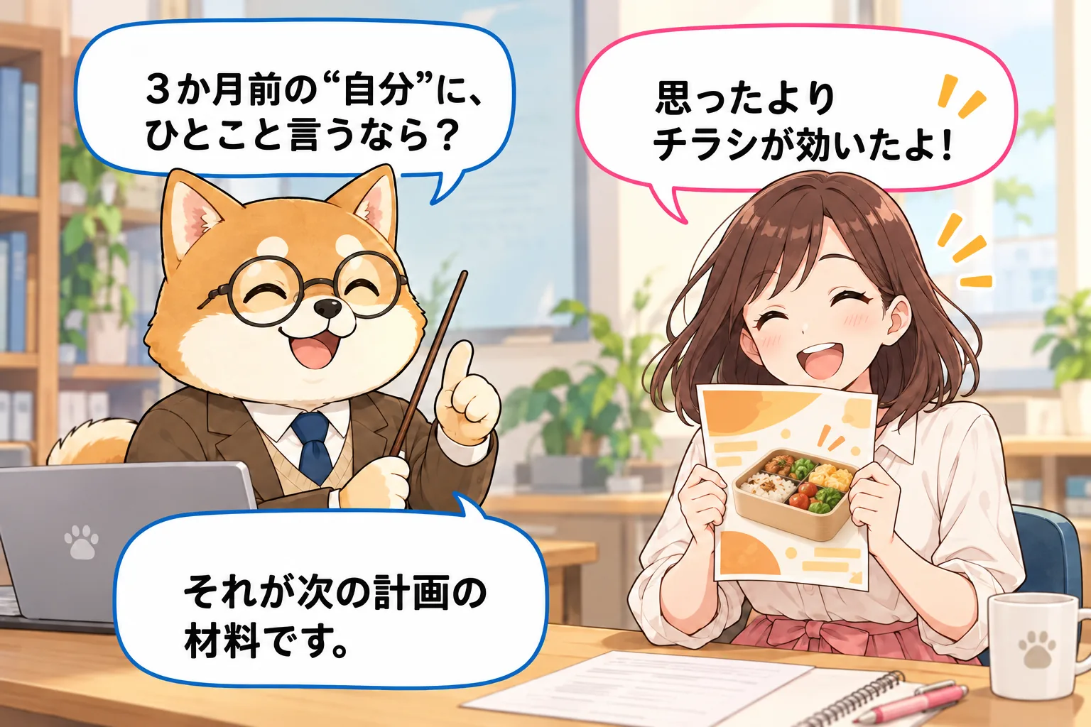コウ犬先生ともえさんのおまけ漫画。先生の『3か月前の“自分”に、ひとこと言うなら?』という問いかけに、もえさんが『思ったよりチラシが効いたよ!』とお弁当チラシを見せながら笑顔で答え、それが次の計画の材料になると先生が伝えます。