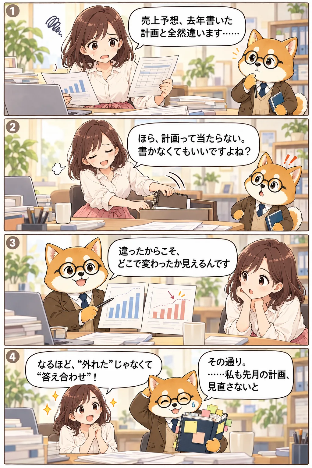 コウ犬先生ともえさんの4コマ漫画。去年書いた計画と売上予想が全然違うと悩むもえさんに、先生が『違ったからこそ、どこで変わったか見えるんです』と伝え、“外れた”ではなく“答え合わせ”として計画書を活用する大切さを学びます。