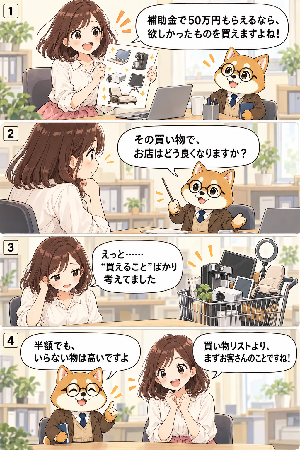 半額でも、いらない買い物は高い。女性とコウ犬先生の4コマ漫画。セリフは直後の『漫画を文字で読む』に掲載。