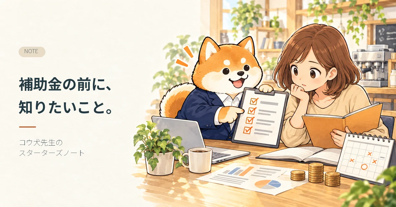 補助金の前に、知りたいこと。 コウ犬先生が記事テーマを案内するイラスト