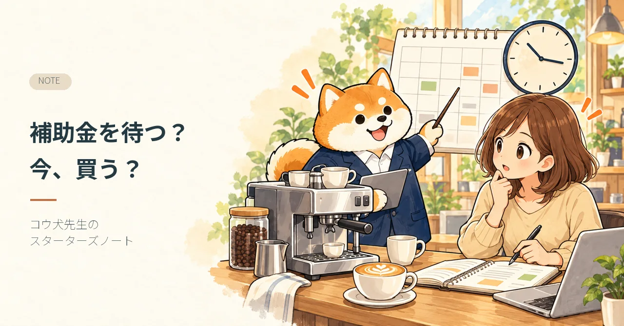 補助金を待つ?今、買う? コウ犬先生が記事テーマを案内するイラスト