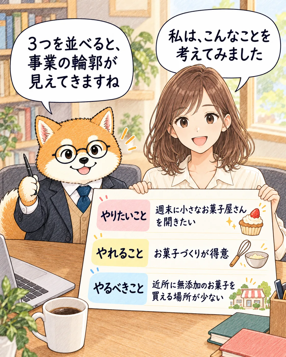もえさんのお店を開きたい思い、お菓子づくりの得意、近所に無添加のお菓子を買える場所が少ないという仮の課題を、一枚の紙に並べています。もえさんが正面を向いて考えを紹介し、先生も読者の方を向いて一緒に整理しています。